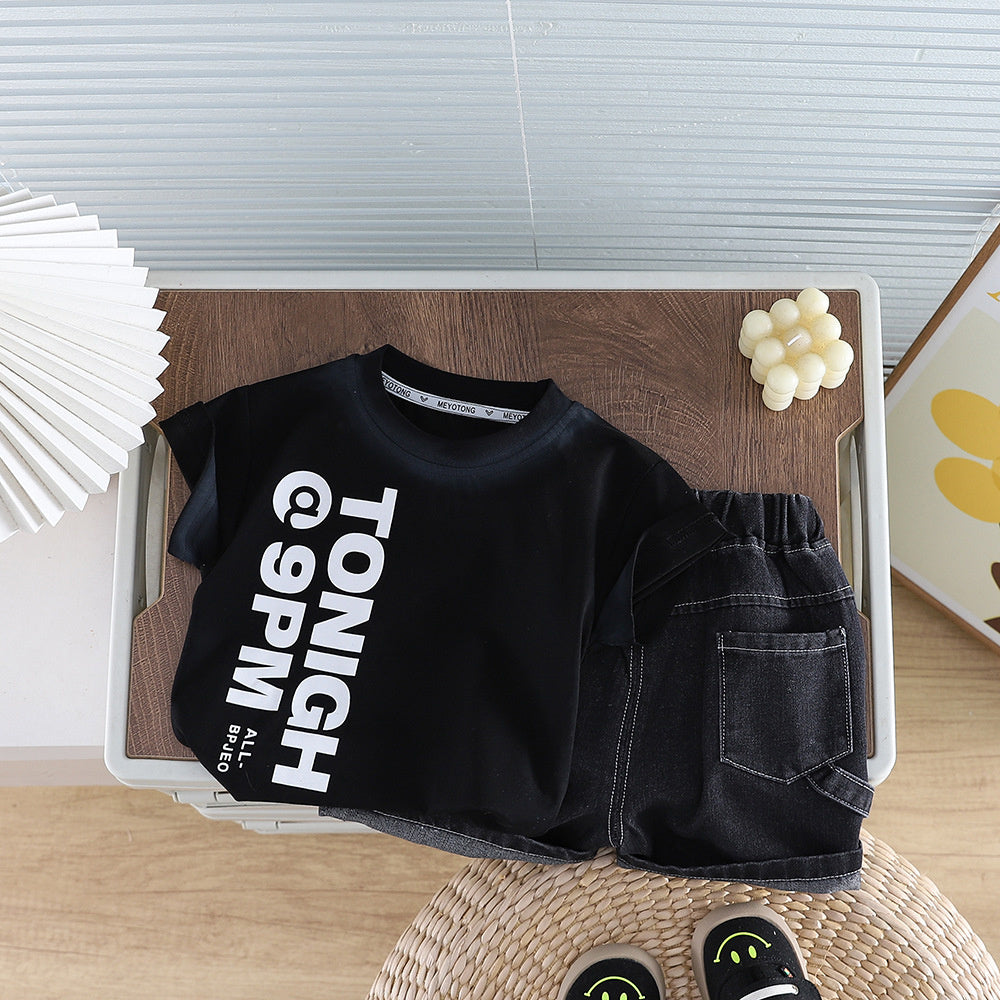 Boys' Outfit 2026 New Style Infant Summer Baby Boy Round Neck Letter Print Short Sleeve Two-Piece Set Trendy