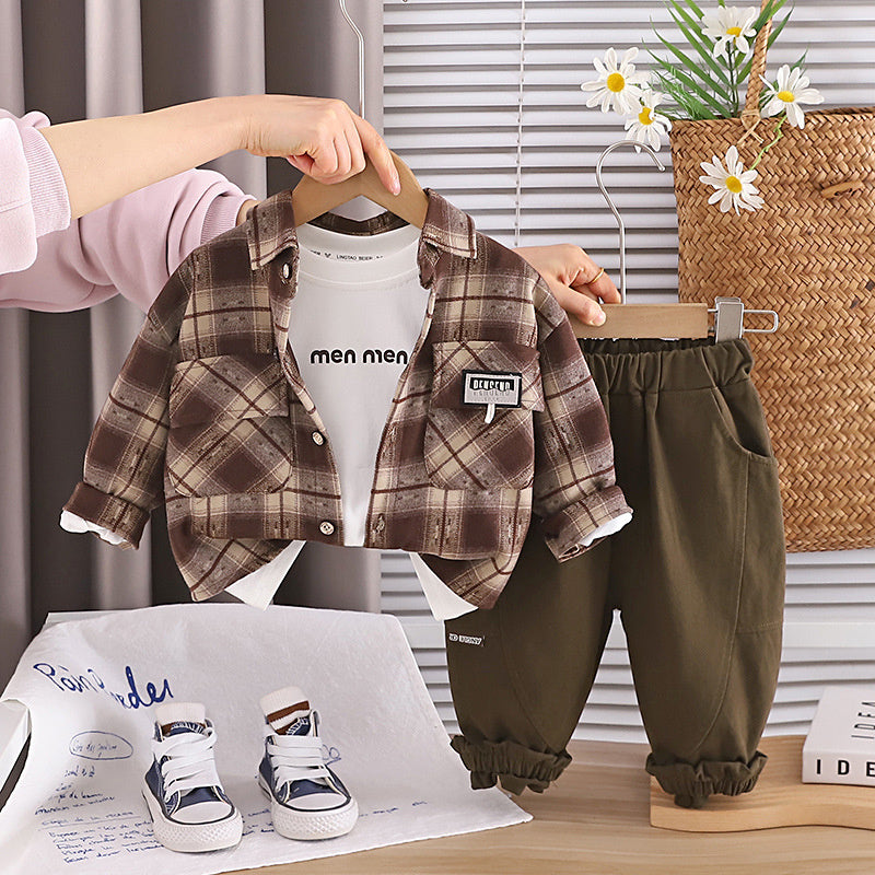 Boys' Outfit 2026 New Fashionable Children's Spring and Autumn Baby Stylish Casual Plaid Shirt Three-Piece Set