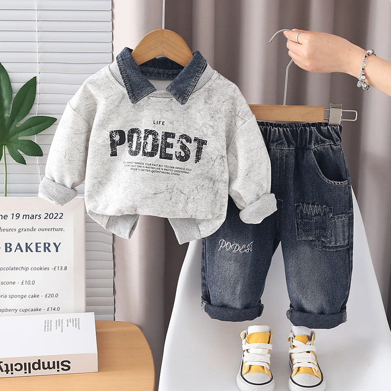 Boys' Outfit 2026 New Fashionable Children's Clothing Baby Spring and Autumn Two-Piece Set with Detachable Denim Collar