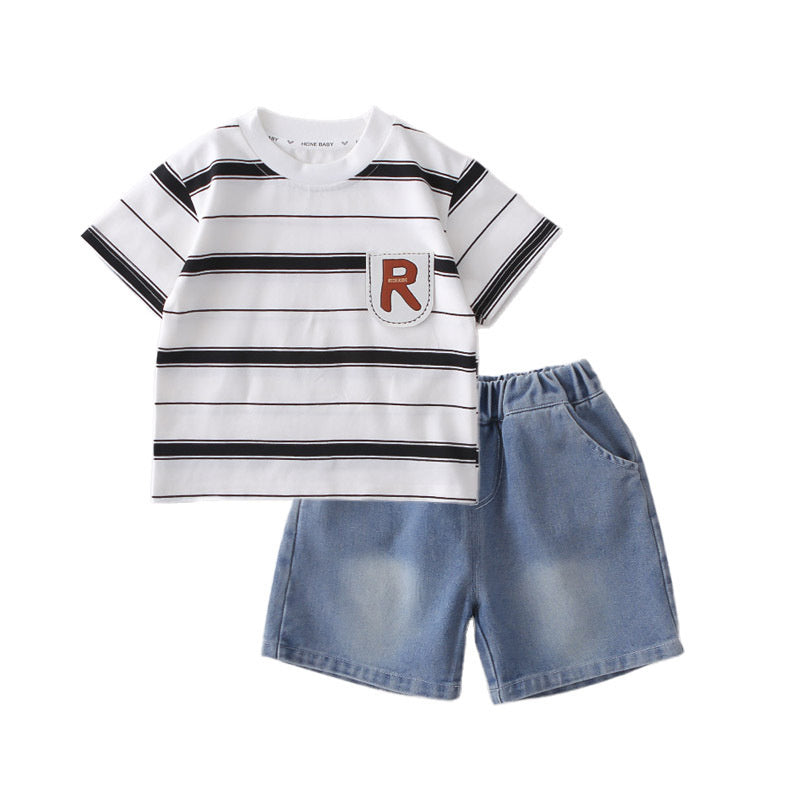 Children's Summer Outfit 2026 New Korean Style Boys' Striped Letter Print Round Neck Short Sleeve Shorts Two-Piece Set Trendy