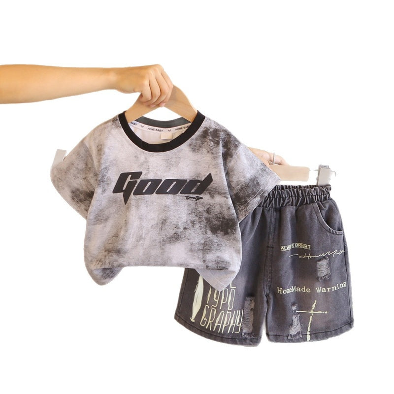 New stylish outfit boys, thin two-piece set with gradient letter print short sleeves, trendy summer clothing for babies