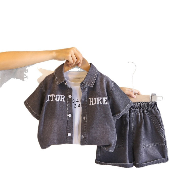 Children's clothing boys' short-sleeve 2026 new stylish summer outfit for 1-3 year old toddlers baby letter denim three-piece set