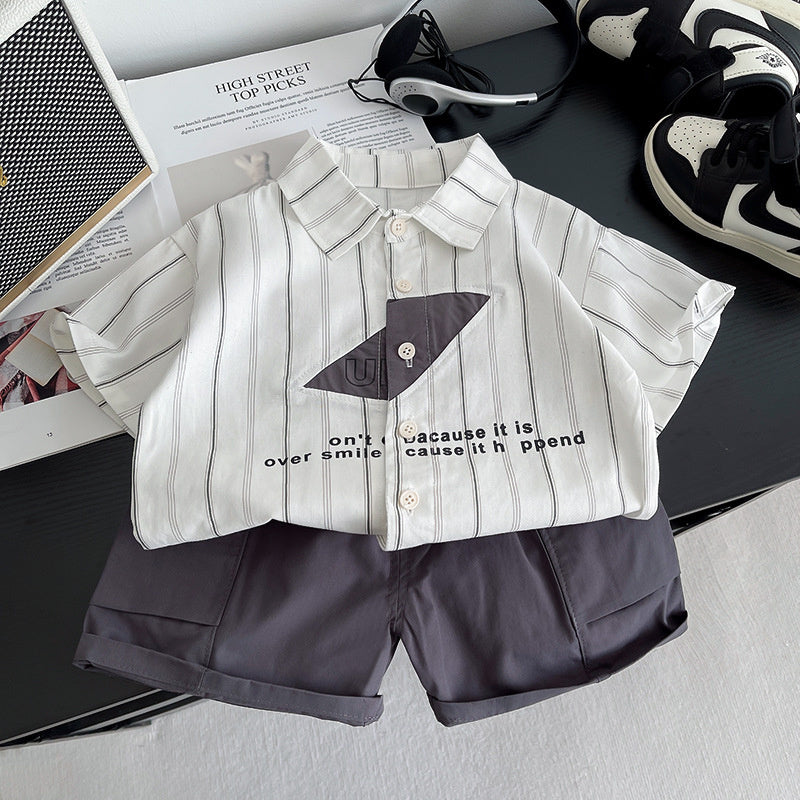 Boys' Outfit 2026 New Model 1-3 Year Olds, Summer Style for Toddlers, English Striped Short Sleeve Shirt Two-Piece Set