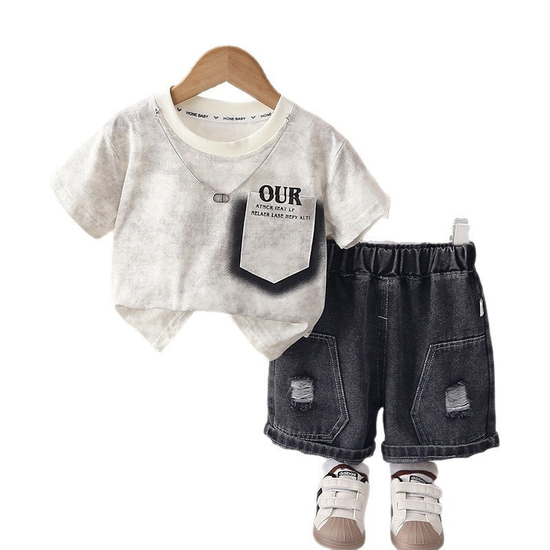 Boys' outfit, Korean style clothes for 1-5 year old boys, casual summer wear with pockets, short-sleeved two-piece set, trendy