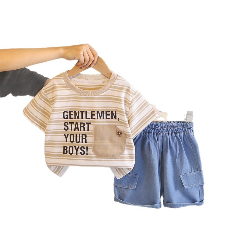 Boy's Summer Stylish Outfit 2026 New Baby Striped Faux Pocket Short Sleeve Casual Two-Piece Set Trendy