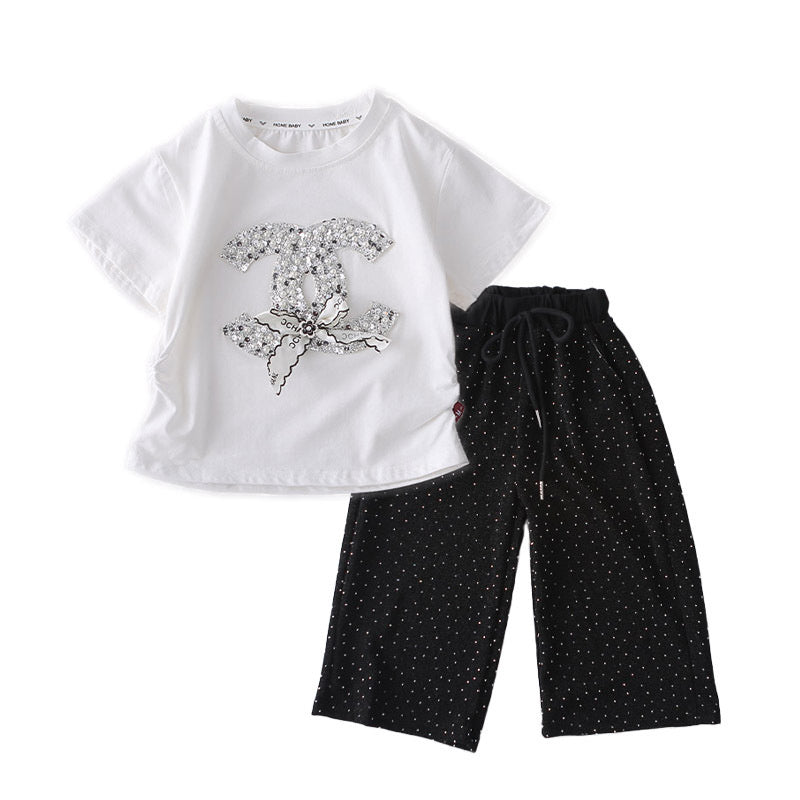 Girls' Outfit 2026 New Style Toddler Children's Clothing Baby Silver Rhinestone Long Pants Summer Two-Piece Trendy Set
