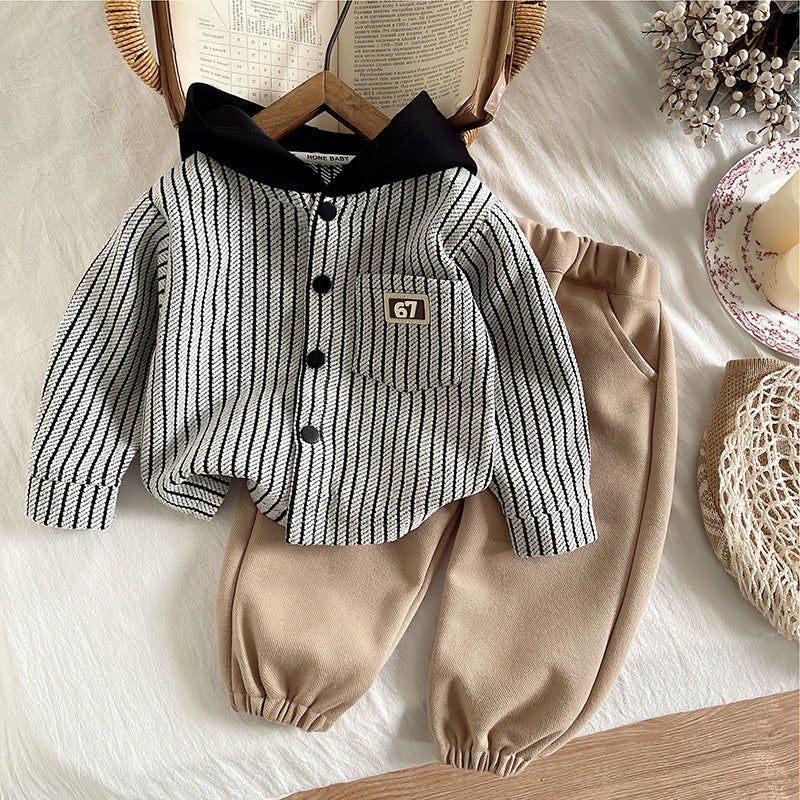 Korean Style Children's Jacket New Boys' Vertical Striped Hoodie 2025 Spring and Autumn Fashionable Long Sleeve Boys Wholesale