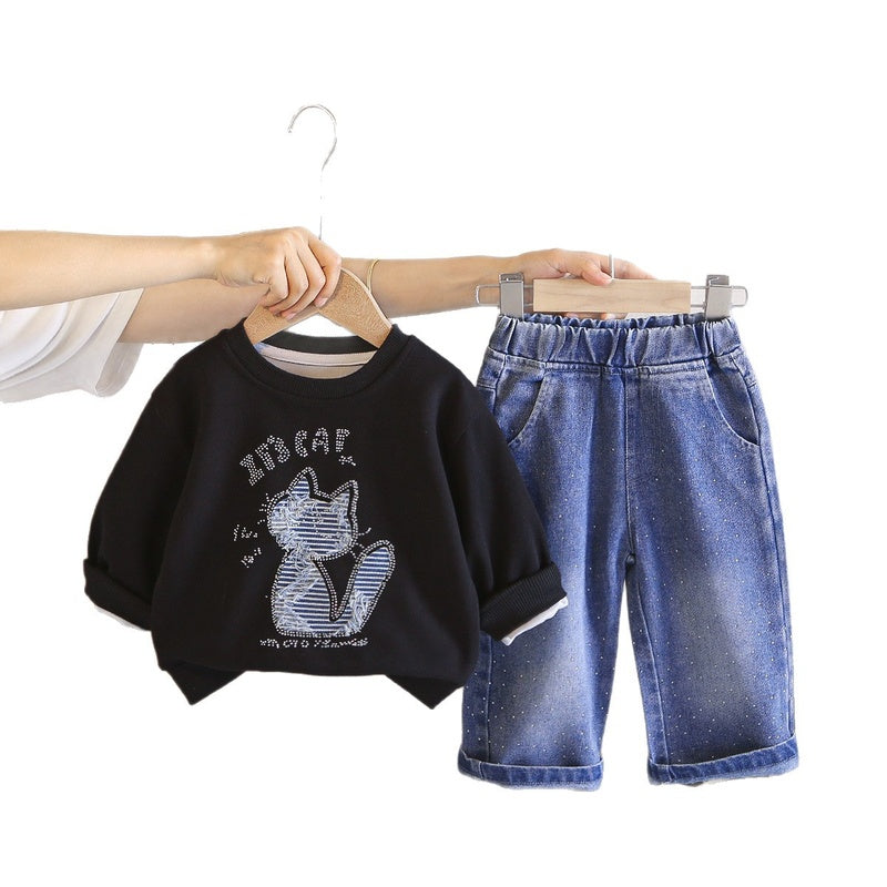 Girls' Outfit Set, Spring Autumn 2026 New Fashionable Stylish Cat Print Round Neck Sweatshirt and Jeans for Babies Wholesale