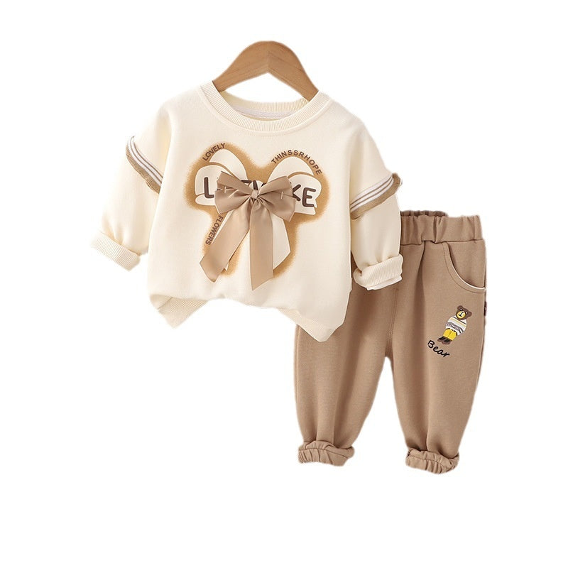 Children's Spring Autumn Bowknot Long-Sleeve Sweatshirt Baby Outfit, Stylish and Casual Two-Piece Set with Long Pants for Girls