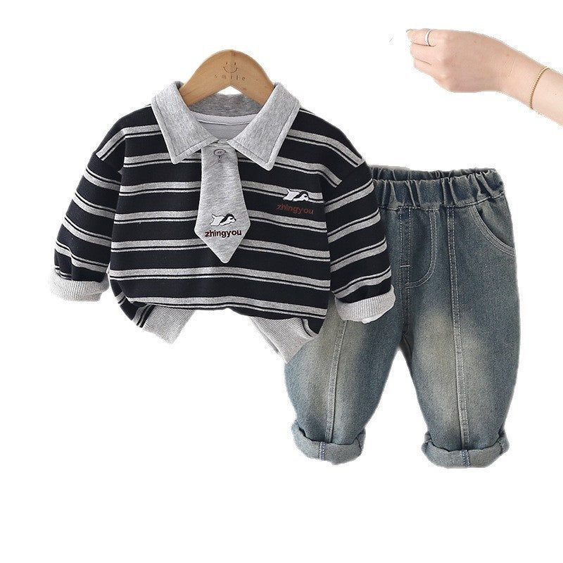 Boys' striped tie Polo suit, stylish and autumn children's Korean-style clothing, fashionable baby spring outfit