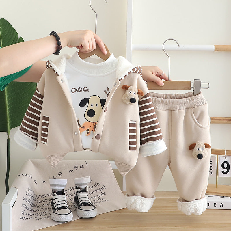Boys' Autumn and Fleece-Lined Bag Dog Three-Piece Set New Baby Winter Warm Outfit Stylish Clothes Trendy Children's Clothing