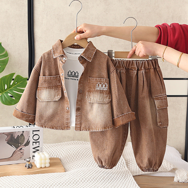 Boys' Outfit 2025 New Style 4: Stylish Children's Little Tree Denim Three-Piece Set Spring and Autumn, Trendy for 1-Year-Old Babies