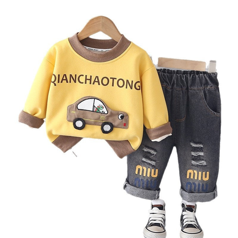 Boys' Spring Outfit: Stylish and Fashionable Cartoon 3D Car Two-Piece Set, Handsome Toddler Casual Baby Clothes