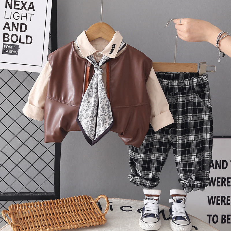 Boys' children's clothing spring autumn outfit 2026 new stylish Korean-style toddler leather jacket and vest three-piece set trendy