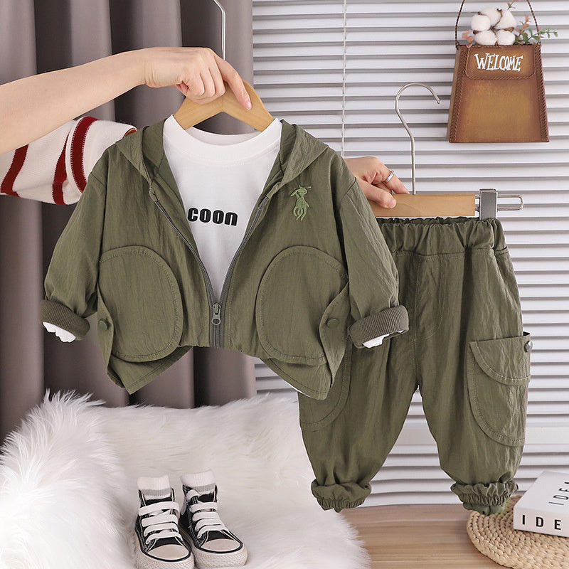 Spring Outfit 2026 New Trendy Stylish Fashionable Children's Clothing Boys' Solid Color Hooded Three-Piece Set