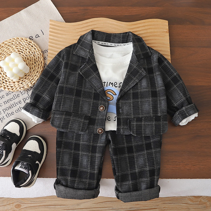 Children's Outfit Boys' Casual Plaid Suit Stylish One-Year-Old Baby Spring and Autumn Three-Piece Set Infant Toddler
