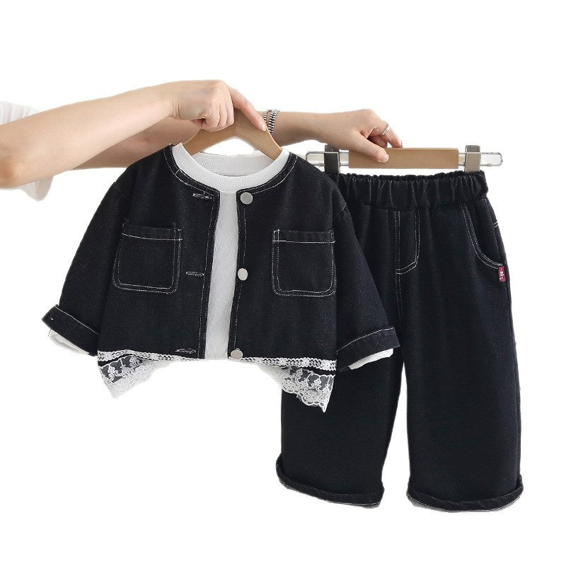 Girls' Solid Color Denim Chic Three-Piece Set Children's Lace Outfit Baby Spring Fashionable Wholesale