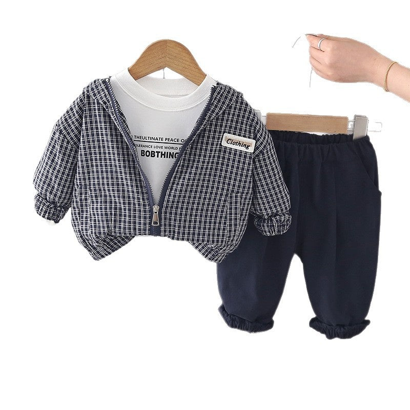 Boys' Spring Outfit 2026 New Fashionable Children's Spring-Autumn Plaid Hooded Jacket Three-Piece Set for Toddlers