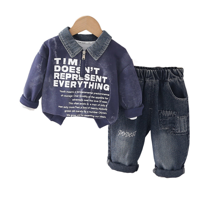 Baby clothes spring, stylish Korean-style loose long-sleeve half-zip sweatshirt set for boys aged 0 to 2 years old