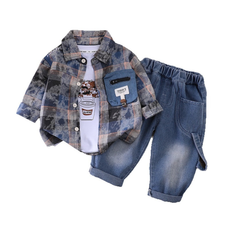 Boys' Korean-style outfit 2026 collection, new spring and autumn stylish plaid tie-dye shirt three-piece set for toddlers