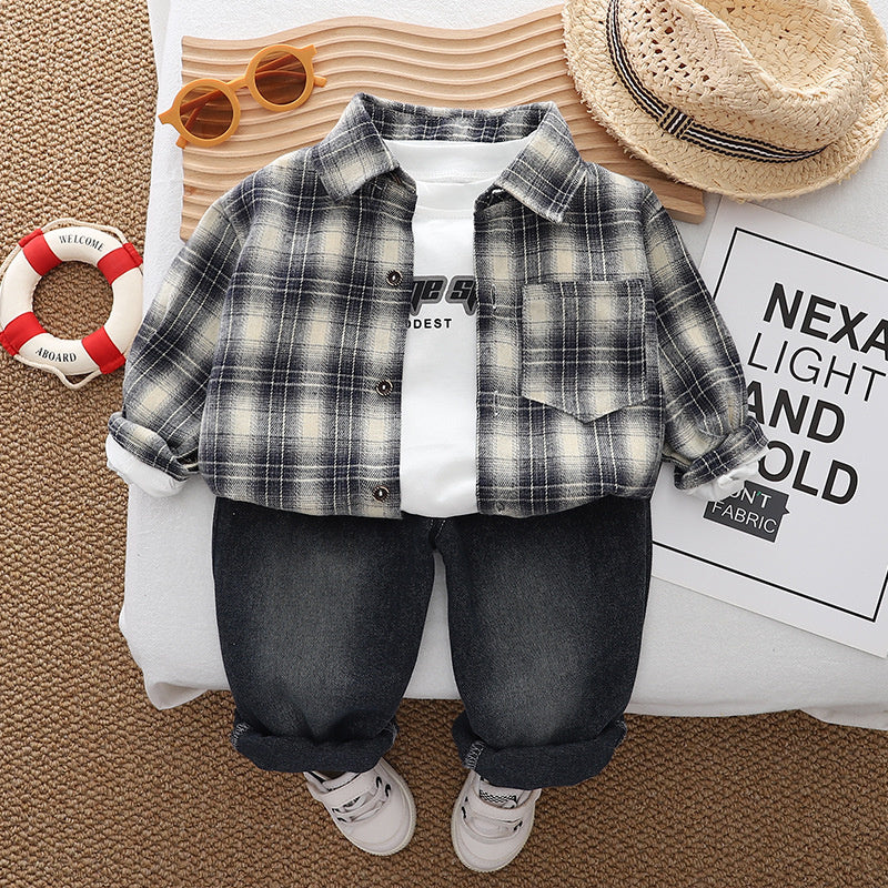 Boys' Spring Outfit 2025 New Stylish Plaid Shirt Little Boy Handsome Fashion Casual Long Pants Three-Piece Set