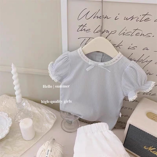 Girls' 2026 Summer New Cream Blue Top Short Sleeve Ballet Lace Skirt Baby Girl Korean Style Outfit
