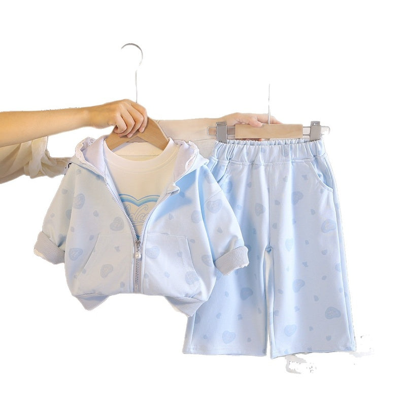 Girls' Spring Autumn Casual Heart-Shaped Zipper Three-Piece Set, Stylish Long-Sleeve Outfit for Babies and Young Children
