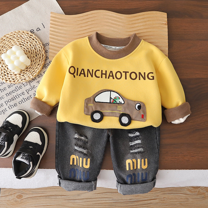 Boys' Spring Outfit: Stylish and Fashionable Cartoon 3D Car Two-Piece Set, Handsome Toddler Casual Baby Clothes