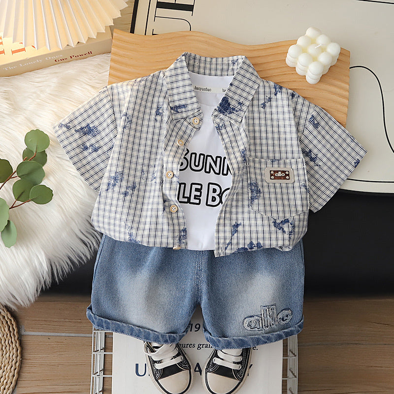 Boys' Short-Sleeve 2026 New Stylish Baby Summer Clothes Fashionable Plaid Shirt Three-Piece Set Trendy