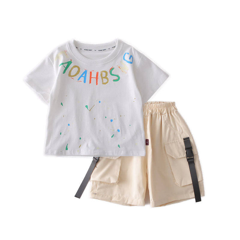 Boys' Outfit 2026 New Style Toddler Letter Print Polka Dot Short Sleeve Children's Clothing Baby Summer Two-Piece Set