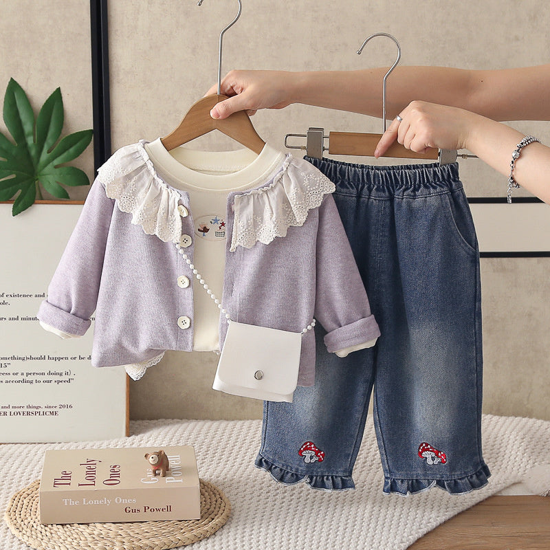 2026 Spring New Korean Style Outfit Girls, Autumn Fashion Three-Piece Set with Ruffle Collar and Mushroom Design for Toddlers