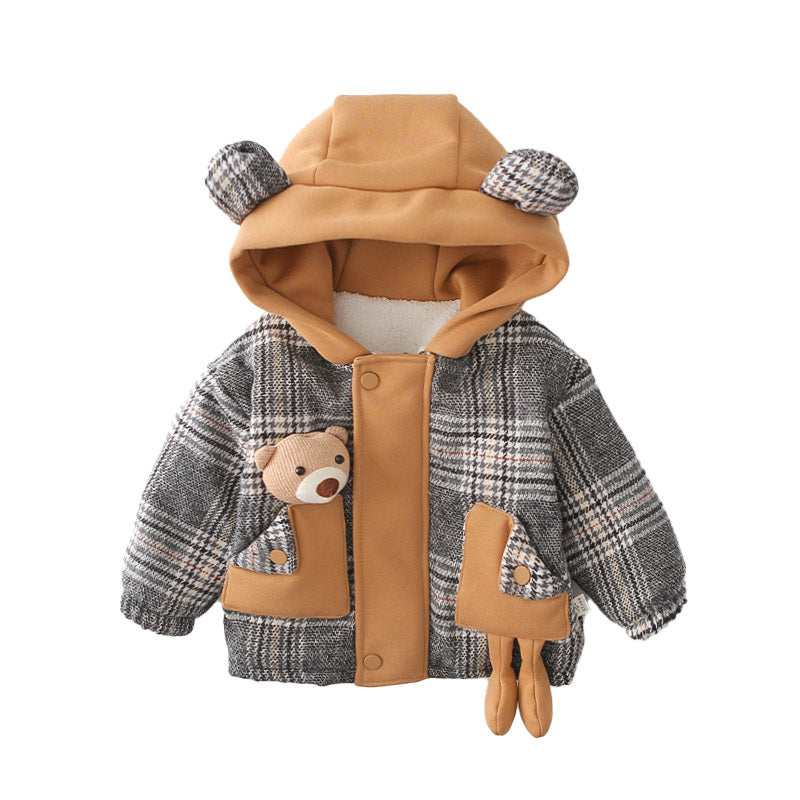 Boys' 2025 New Thickened Fleece Cartoon Pocket Bear Stylish Versatile Single Piece Plaid Jacket