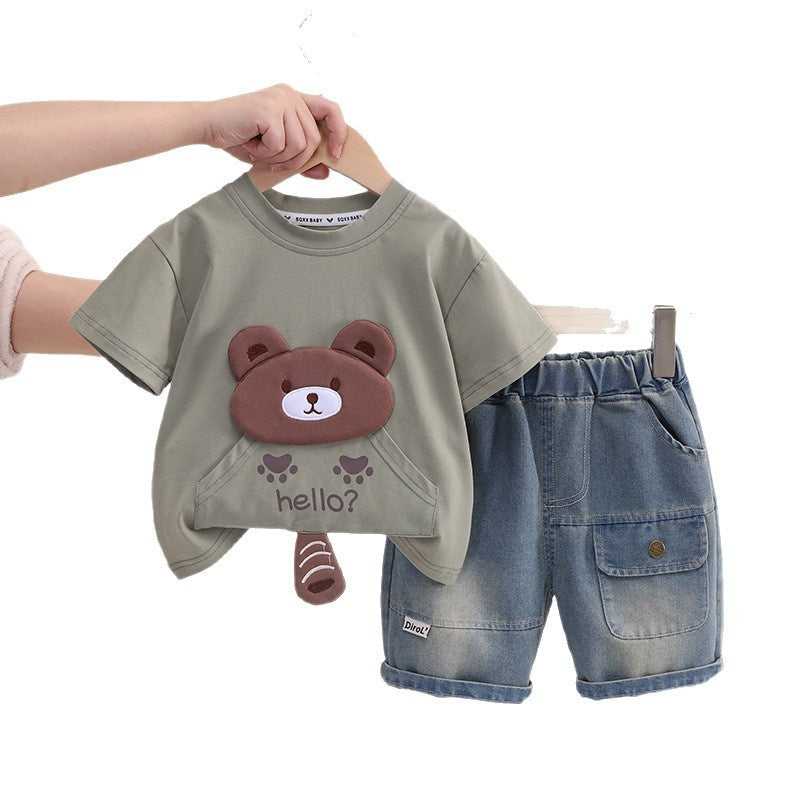 Boys' Short-Sleeve 2026 Trendy New Outfit with Bear Head Pocket Baby Clothes Children's Summer Two-Piece Set