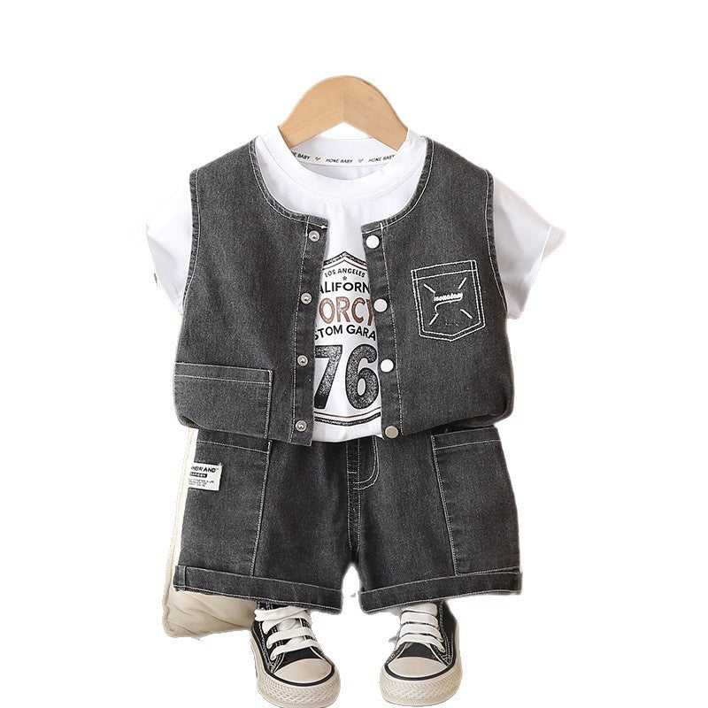 Boys' clothing 2026 new stylish casual summer outfit for toddlers, Korean-style sports denim vest three-piece set trendy