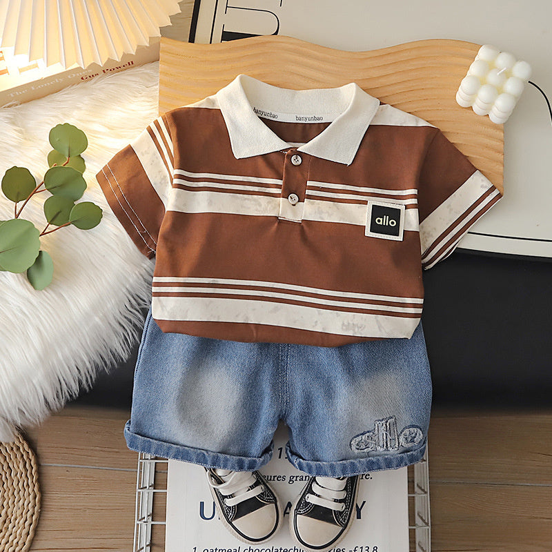 Boys' Outfit 2026 New Fashionable Casual Striped Short-Sleeve Summer Korean Style Two-Piece Set for Children