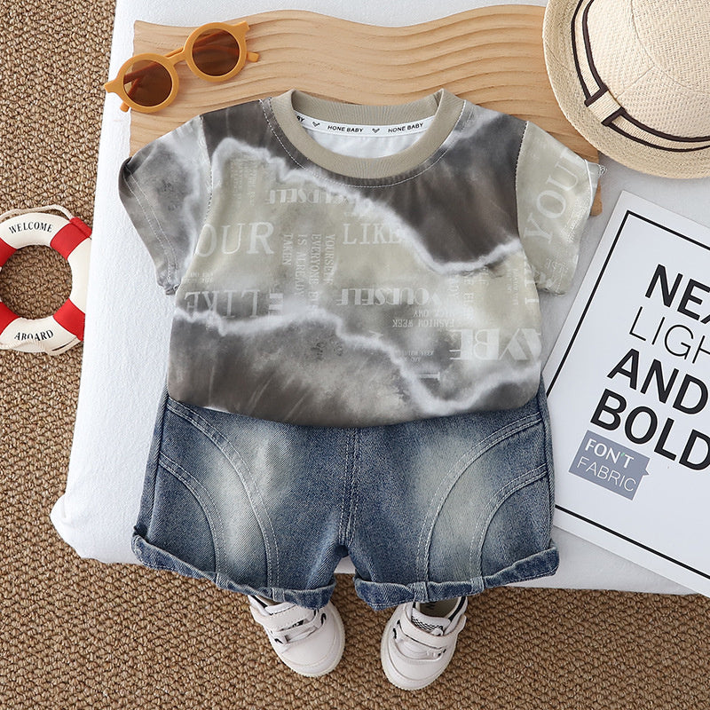 Boys' outfit, Korean style clothing for ages 1-5, casual and stylish summer wear, color-blocked short-sleeve two-piece set, T-shirt