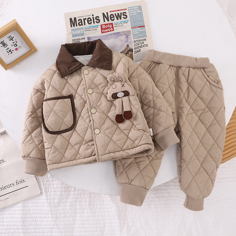 Boys' Autumn and Thickened Jacket with Fleece, Baby Cartoon Plaid Two-Piece Set, Trendy Children's Winter Outfit