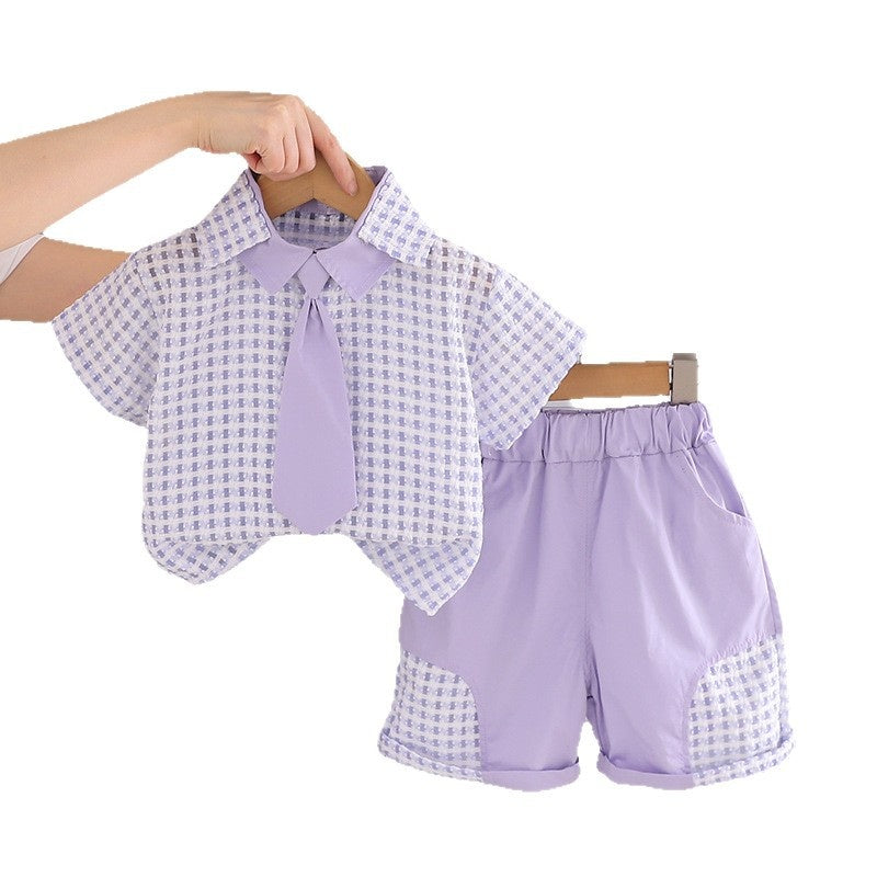 Boys' Outfit 2026 New Fashionable Children's Small Checkered Short-Sleeve Baby Summer Korean Style Two-Piece Set Trendy
