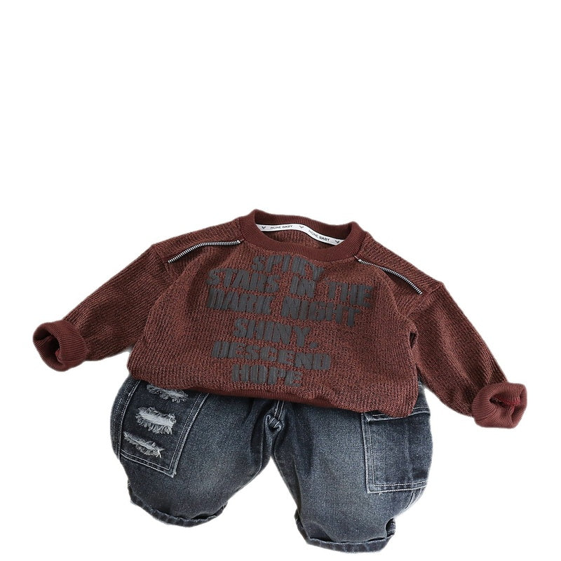 Boys' shoulder-zipper sweatshirt 2026 new spring and autumn style children's casual sports two-piece set