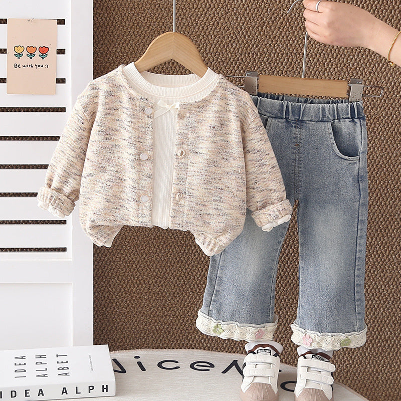 Girls' Stylish Outfit 2026 New Baby Spring and Autumn Colorful Yarn Sweater Long Sleeve Three-Piece Set Children's Casual Trendy Clothing