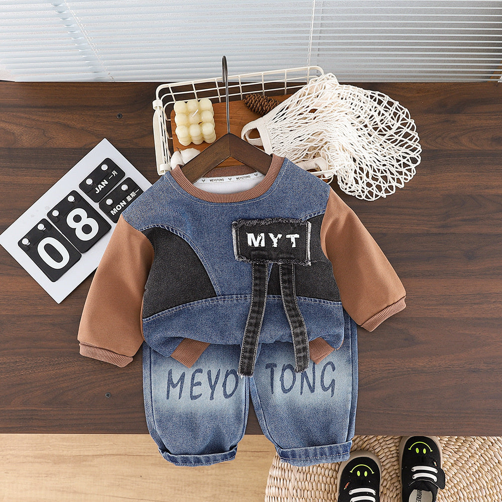 Boys' Outfit 2026 New Spring Autumn Clothes for Infants and Children, Denim Patchwork Round Neck Shirt Two-Piece Trendy Set
