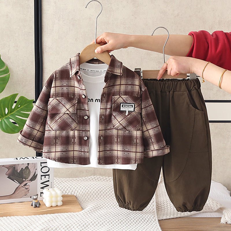 Boys' Outfit 2026 New Fashionable Children's Spring and Autumn Baby Stylish Casual Plaid Shirt Three-Piece Set