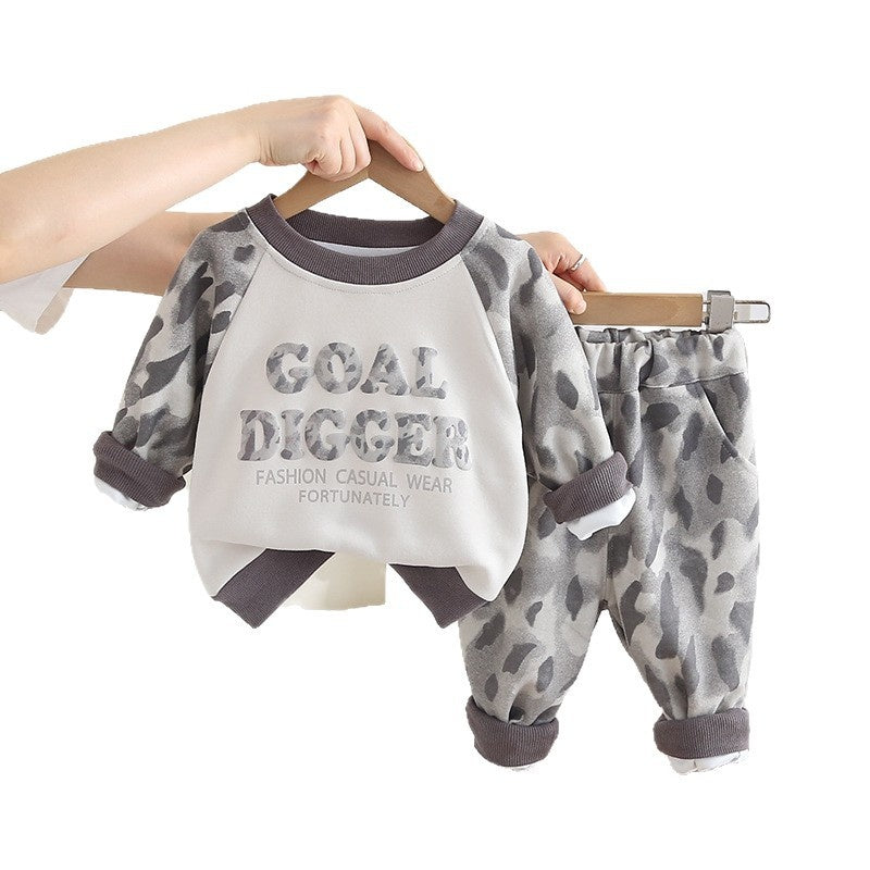Boys' autumn long-sleeve outfit, children's leopard print patchwork sleeve sweatshirt, trendy and stylish casual two-piece set for spring