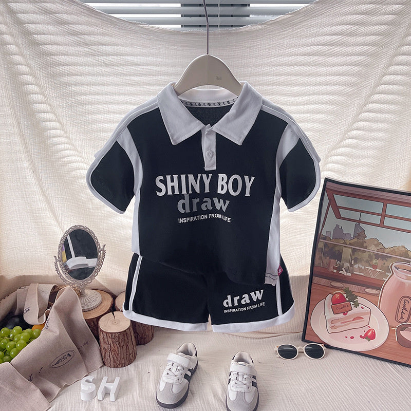 Baby 2026 Black and White Color Block Short Sleeve Korean Style Shorts Infant Boy Summer Clothes Two-Piece Set