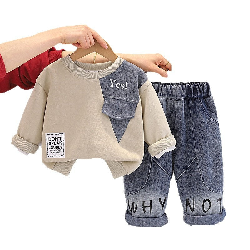 Boys' Spring and Outfit 2026 New Fashionable Letter Patchwork Sweatshirt Set Baby Autumn Toddler Clothes Children's Trendy Clothing