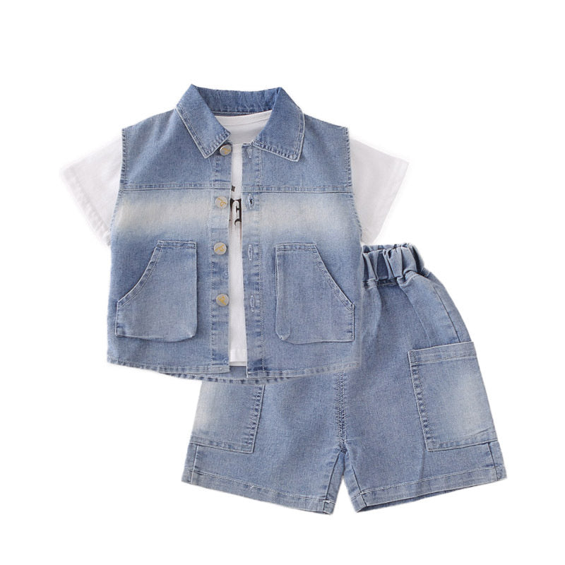 Children's clothing for boys, stylish outfit, baby summer pocket denim short-sleeve clothes, infant casual three-piece set