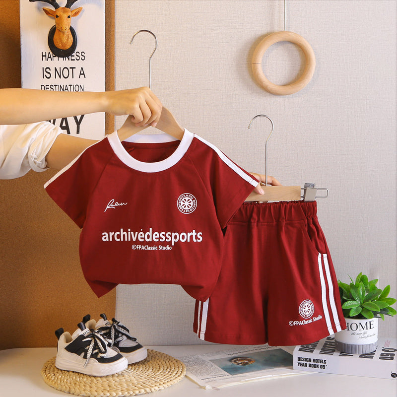 Boys' sports printed short-sleeve suit, 2026 new style, stylish summer clothing for little boys