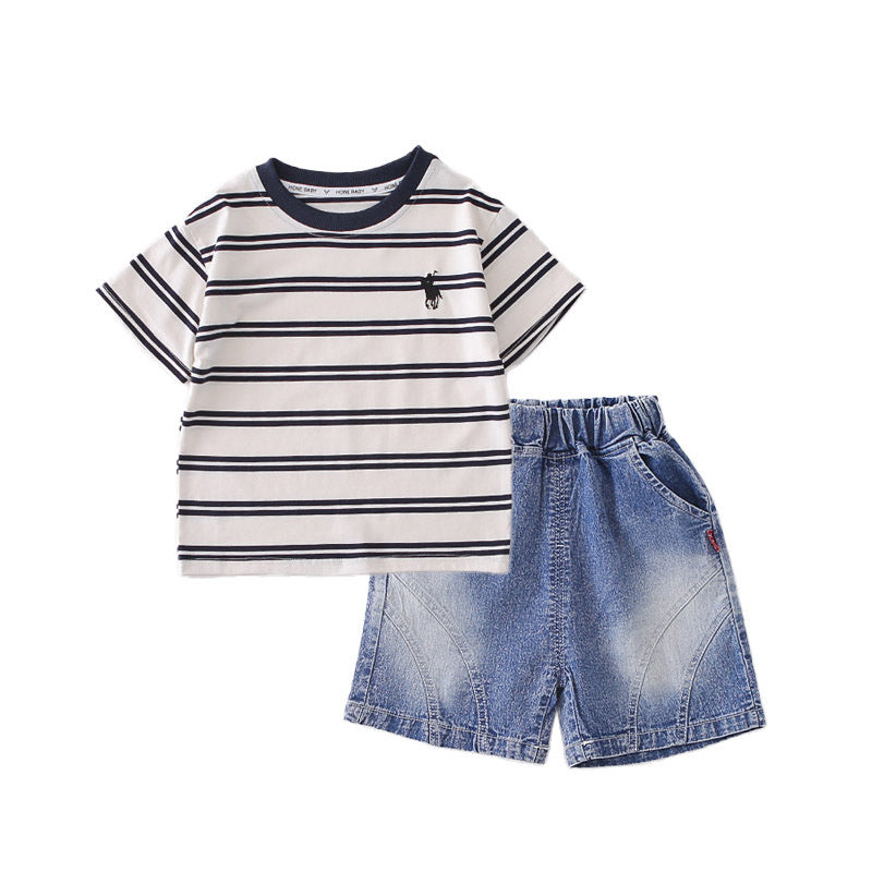 Boys' Round Neck Striped Short Sleeve 2026 New Children's Wear Baby Sports Summer Outfit Stylish Two-Piece Set