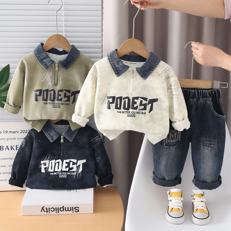 Boys' Outfit 2026 New Fashionable Children's Spring and Autumn Clothes Baby Boy's Foam Letter Sweatshirt Two-Piece Set