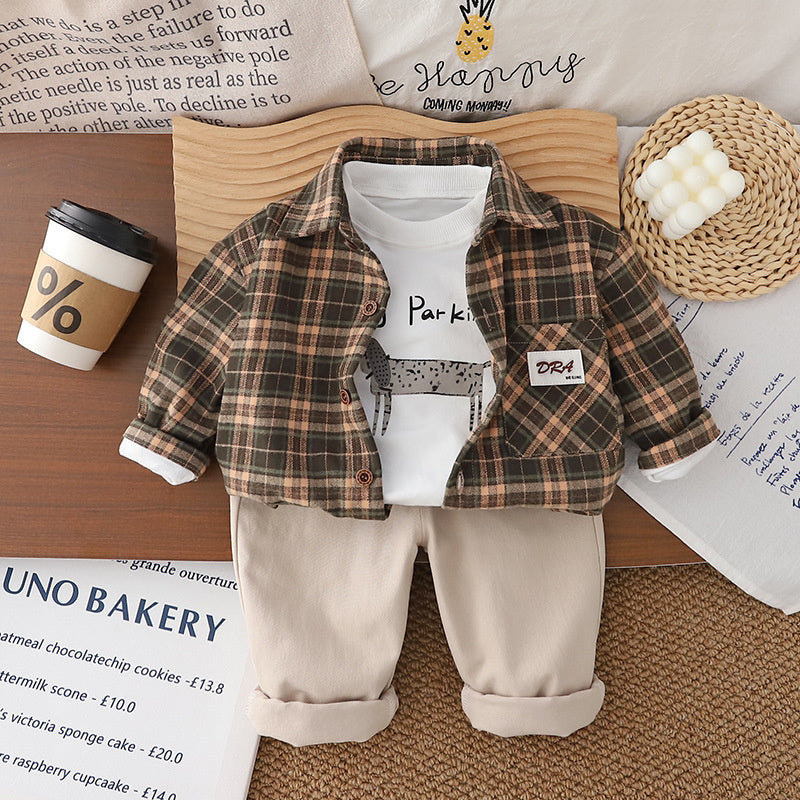 Boys' Spring and 2025 Autumn Outfit Korean Style Children's Fashionable Label Plaid Shirt Three-Piece Set Trendy